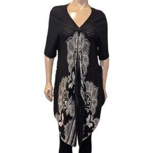 Vintage Chicos Damask Modal Cardigan Open Flyaway Front Short Sleeve Ribbed Knit